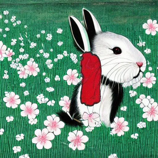 Image similar to a japanese painting of a white rabbit with long hairs in a clover field