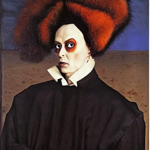 Image similar to portrait of klaus nomi, oil painting by jan van eyck, northern renaissance art, oil on canvas, wet - on - wet technique, realistic, expressive emotions, intricate textures, illusionistic detail