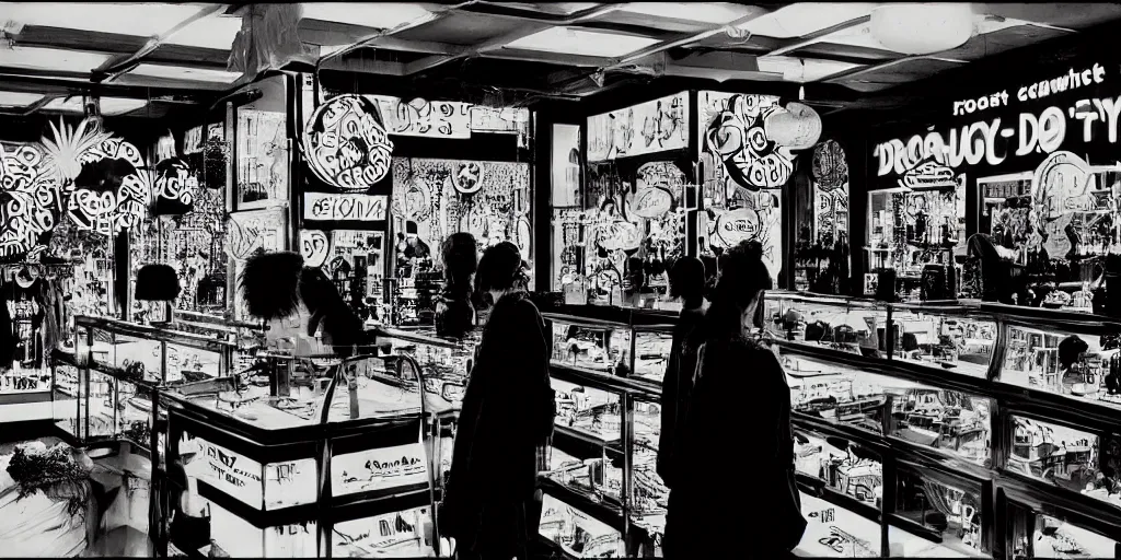 Prompt: fluorescent crowded Macy’s jewelry counter, dead-eyed sales clerk staring at you in a dream, deja vu, psychedelic, muted tones, DMT, eerie, uncanny, hazy, cinematic, realism, directed by stanley kubrick