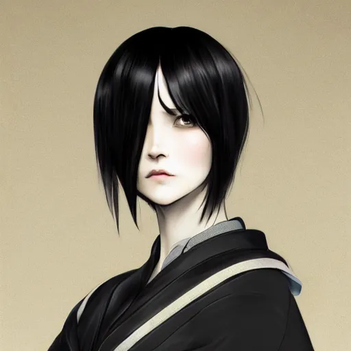 Prompt: heroine, beautiful, sui ishida with black hair, hyperrealistic, highly detailed, 8 k, a real photographic, digital art, character, realistic, full body portrait, female samurai, symatrical, dark atmospheric lighting, artstation, symetric, lineart