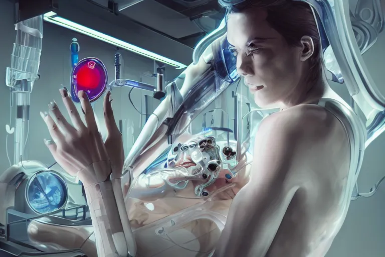 Image similar to androgynous cyborgs creating humans in a sophisticated bio lab, specimens submerged in incubators, sci - fi, neon lighting, sophisticated, futuristic, highly detailed, intricate, sharp focus, digital illustration, smooth, by artgerm, wlop, syd meade, greg rutkowski, trending on artstation