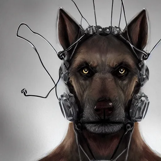 Prompt: a wounded humanoid german shepherd beast - man in military style, his hands are covered with wires, sitting on the bed, highly detailed portrait, digital painting, artstation, concept art, smooth, sharp foccus ilustration, artstation