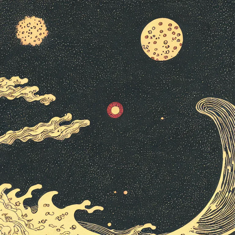 Image similar to black hole with nebula explosion, woodblock print by hokusai and victo ngai, behance contest winner, environmental art, lovecraftian