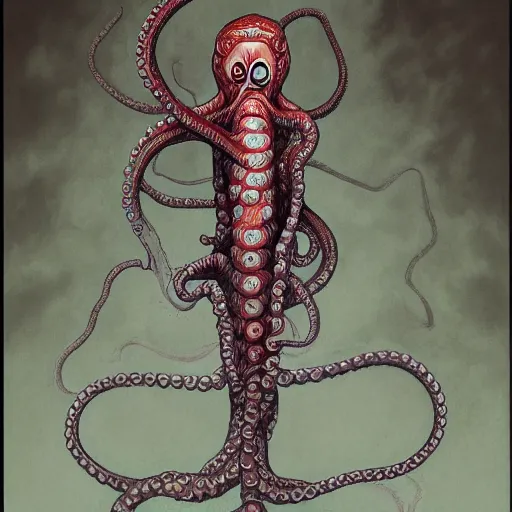 Image similar to full body shot of a man with a tentacle arms by junji ito and james jean and esao andrews, 4 k, hyperdetailed, hyperrealistic, trending on artstation, pencil art on paper, horror, dramatic lighting