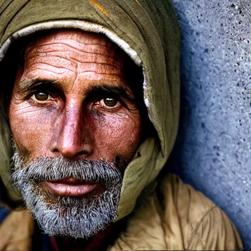 Prompt: portrait of a homeless wealthy man, by Steve McCurry, clean, detailed, award winning