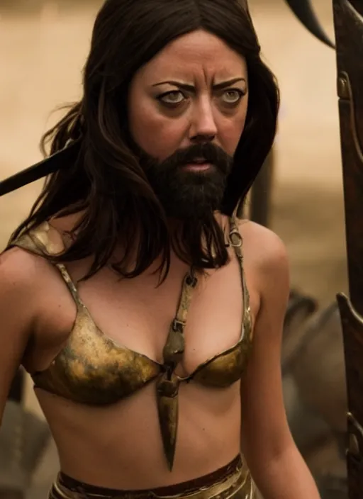 Prompt: film still of aubrey plaza as leonidas in 3 0 0 movie, 8 k