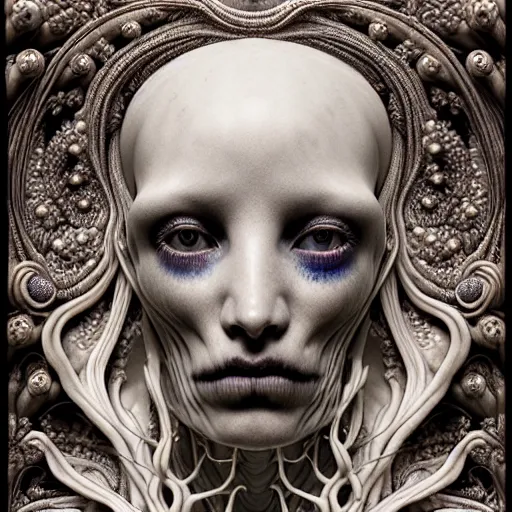 Prompt: detailed realistic porcelain beautiful calaveras death goddess face portrait by jean delville, gustave dore, iris van herpen and marco mazzoni, art forms of nature by ernst haeckel, art nouveau, symbolist, visionary, gothic, neo - gothic, pre - raphaelite, fractal lace, intricate alien botanical biodiversity, surreality, hyperdetailed ultrasharp octane render