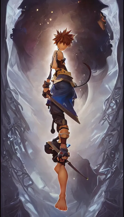 Image similar to sora from kingdom hearts by artgerm, greg rutkowski and alphonse mucha, concept art, matte, intricate, full body, epic composition