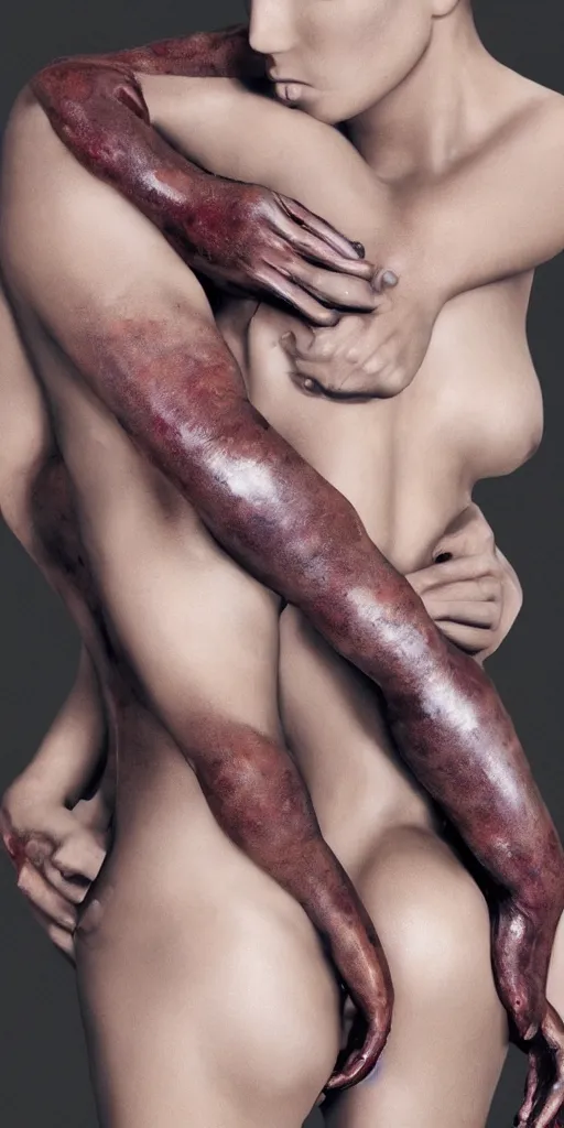 Image similar to human bodies intertwined, skin made of colored latex mixing with black leather, hyperrealistic