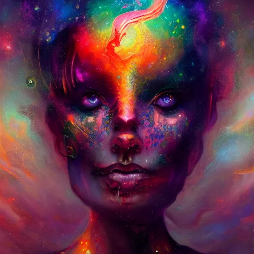 Prompt: A beautiful strange detailed portrait psychedelic out of this world painting of Irreconcilable Personification by Anato Finnstark, Noah Bradley, Raymond Swanland, and Steven Belledin, 8k resolution, deviantart, trending on Artstation, concept art, digital illustration