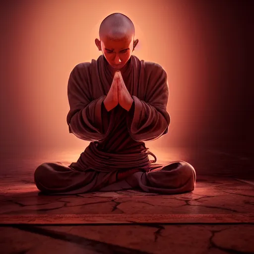 Image similar to an cybernetic monk praying with hands above head, monk robe and tattoos, octane render, unreal engine, 8 k, cinematic, artwork by ilya kuvshinov