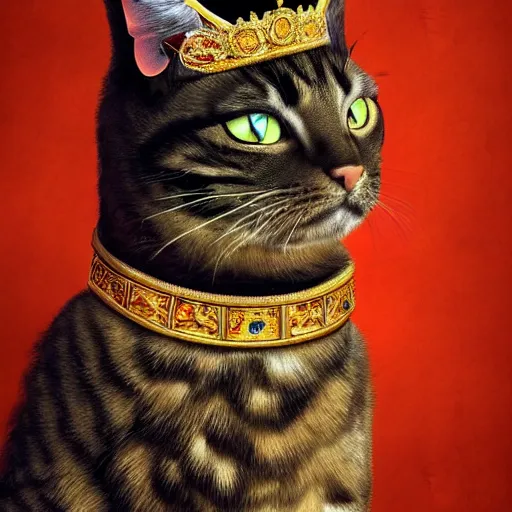 Prompt: A renaissance portrait painting of a cat king with his crown and in his royal robe. Attention to detail. Vibrant bright colours. High saturation. Extremely moody lighting. Atmospheric. Cinematic. Intricate. 8K. Stunning. Breathtaking. Awe-inspiring. Award-winning. Trending. ArtStation
