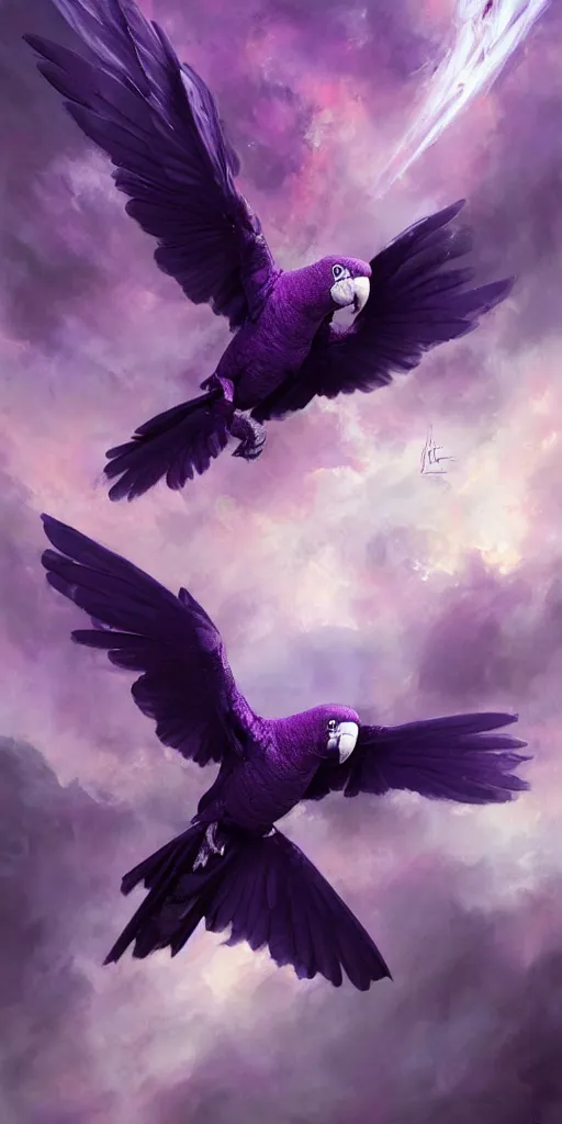 Image similar to a painting of a purple parrot flying through the sky, poster art by raymond swanland, deviantart, fantasy art, christian, deviantart, mystical