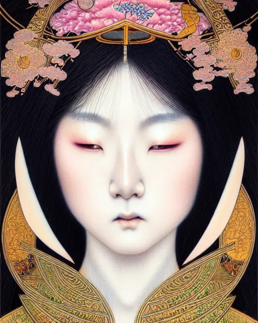 Prompt: portrait of a beautiful japanese goddess, unusual beauty, esoteric, muted colors, head in focus, fantasy art, ornamental aesthetics, intricate, elegant, highly detailed, hyperrealistic painting, artstation, concept art, painterly, sharp focus, illustration, art by chie yoshii