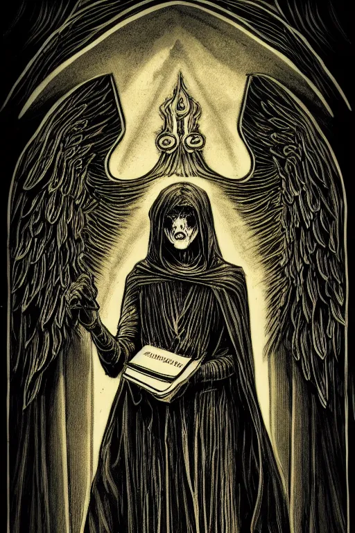 Prompt: dlsr photo of the tarot card illustration of an envoked dark angel holding a book of necronomicon, symmetrical, cinematic, sharp focus, 4 k, ultra hd, sense of awe, sinister demonic atmosphere, dreadful, forbidden knowledge, old gods. demonology journal cover