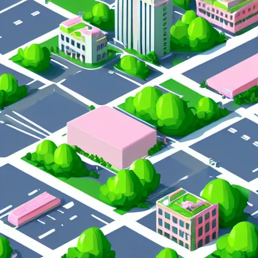 Prompt: isometric illustration of a cute dense urban city, lots of tall buildings and trees, pastel light green and pastel light pink colors, fun, soft, highly detailed, 3d render, very playful, sharp lines, toon shader, soft shadows, trending on artstation