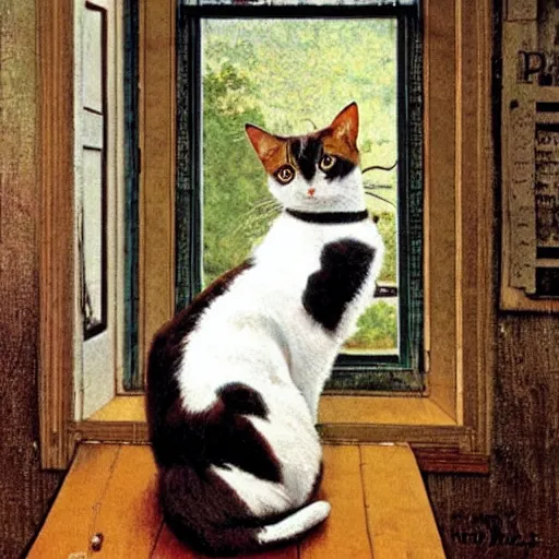 Prompt: A very content calico cat sitting on a wooden table looking out a window, artist is Norman Rockwell,