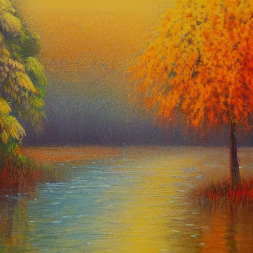 Prompt: a painting of lake in the rain, autumn, acrylic painting, very detailed, mellow, 4 k, impressionism, trending on artstation