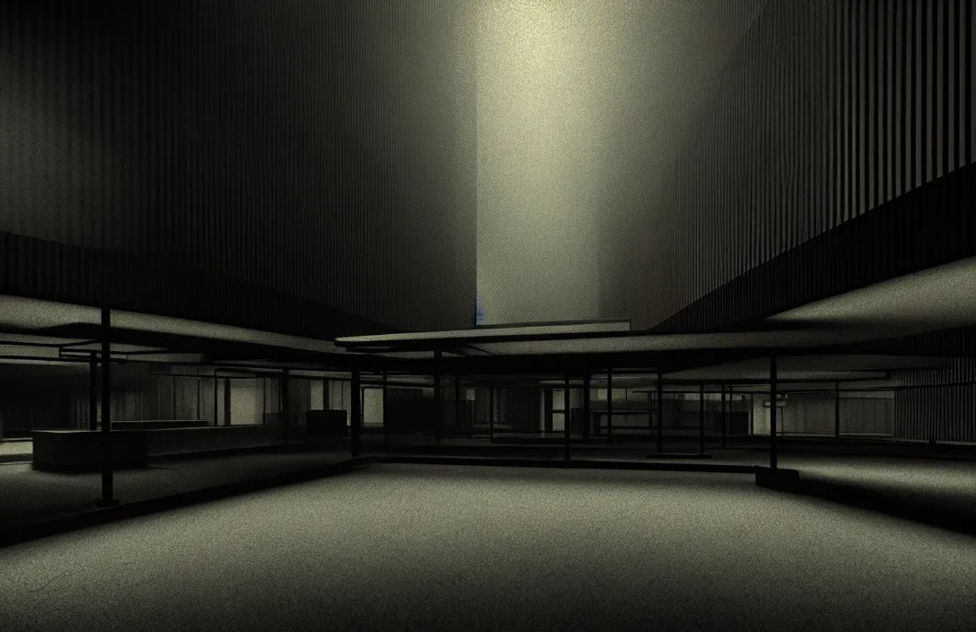 Image similar to line density is used for rendering light and shadow. intact flawless ambrotype from 4 k criterion collection remastered cinematography gory horror film, ominous lighting, evil theme wow photo realistic postprocessing implied lines building by mies van der rohe render by christopher soukup