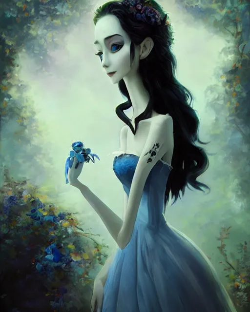 Image similar to elegant mysterious solemn zombie victoria everglot from the corpse bride, portrait, illustration, rim light, top light, summer clear blue sky, perfectly shaded, soft painting, art by krenz cushart and wenjun lin