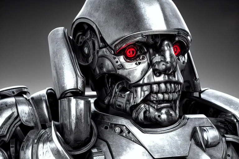 Prompt: still photo of a iron age war cyborg looking at the camera in a battlefield, black and white color aesthetic, highly detailed, photorealistic portrait, bright studio setting, studio lighting, crisp quality and light reflections, unreal engine 5 quality render