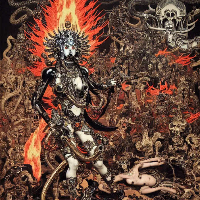 Image similar to still frame from Prometheus by Utagawa Kuniyoshi, death god Kali Durga as Dr doom in ornate bio cybernetic bone armour in front of burning souls and pile of alien skulls by Wayne Barlowe by peter Mohrbacher by Giger, dressed by Alexander McQueen and by Neri Oxman, metal couture hate couture editorial