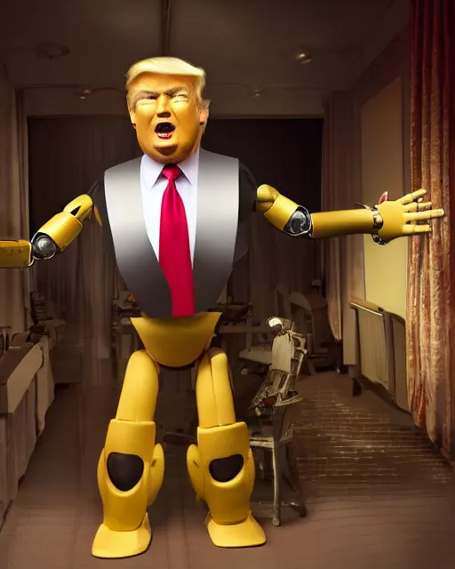 Image similar to Donald Trump as an animatronic Robot, Hyperreal, highly detailed hands and Face, Studio Lighting, in the Style of Disney Imagineering