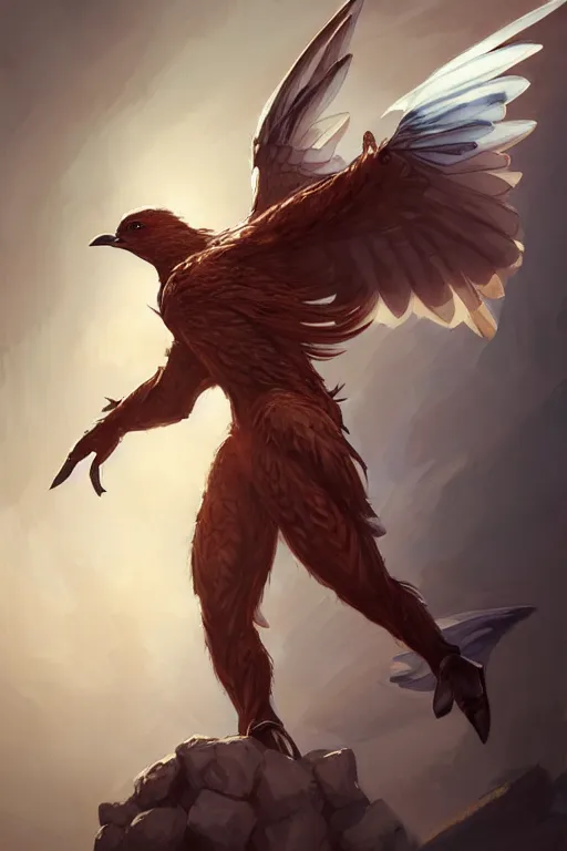 Image similar to character art by wlop, steve henderson, and j scott campbell, gooseman, male hero, goose head, wings, 4 k, arstation, trending, high quality, very detailed, digital