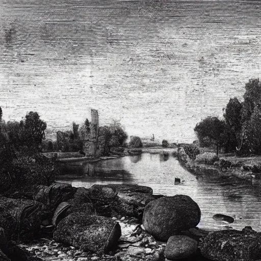 Image similar to detailed footage of european hunger stones in a river, photographic journalism, realistic, european river, 1 6 1 6 writing