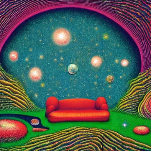 Image similar to psychedelic couch sofa in the lush forest, guitar, milky way, designed by moebius, rob gonsalves, gustav dore, giuseppe arcimboldo and carl barks, louis wain, trending on artstation, canada, star, sharp focus, colorful refracted sparkles and lines, soft light, 8 k 4 k