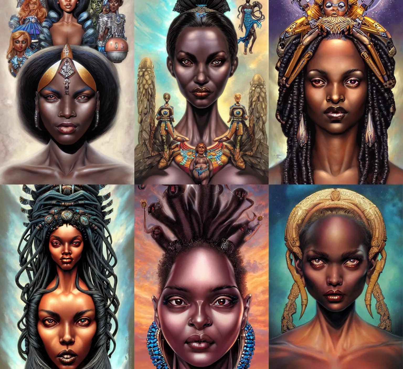 Prompt: stunning goddess of toys portrait, clear eyes and dark skin. realistic, symmetrical face. art by bowater charlie, mark brooks, julie bell, arian mark, tony sandoval