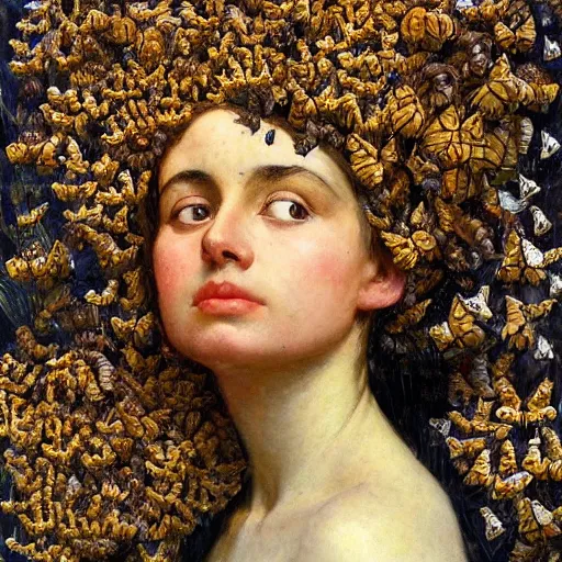 Prompt: a sculpture portrait made of butterflies and bees and flowers and plants, painting part by wojciech siudmak, part by ilya repin, part by max ernst, part by norman rockwell, artstation