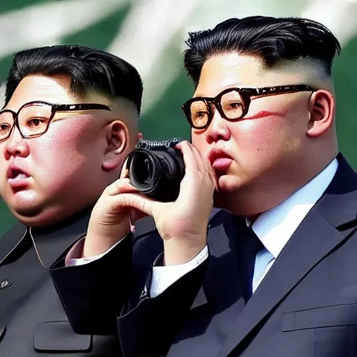 Prompt: trump and kim jong un using binoculars, at a military parade
