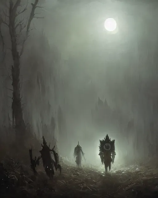 Image similar to Hyper realistic oil painting of an undead knight, knight in the foreground, fog, volumetric lighting, nighttime, moonlight, creepy, by greg rutkowski