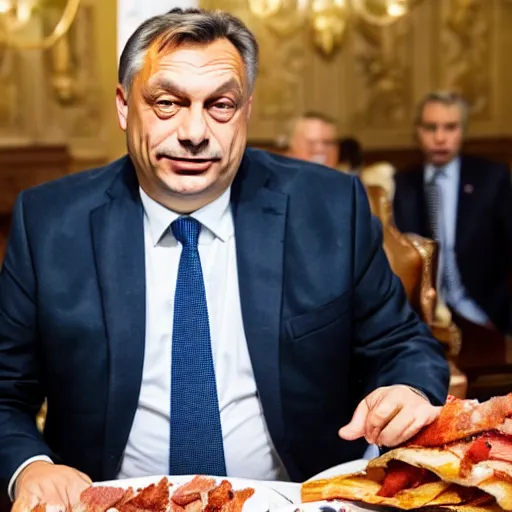 Image similar to portrait of viktor orban proudly sitting behind a table full of bacon