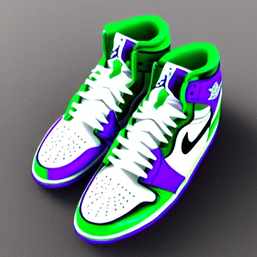 Image similar to “air Jordan 1, green and purple, 4K, ultra realistic render”