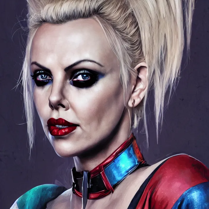 Image similar to portrait of Charlize Theron as a harley quinn. intricate abstract. intricate artwork. by Tooth Wu, wlop, beeple, dan mumford. octane render, trending on artstation, greg rutkowski very coherent symmetrical artwork. cinematic, hyper realism, high detail, octane render, 8k, iridescent accents