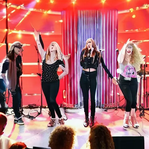 Image similar to pop rock group named'shiny souls'with a short blonde white woman singer, a tall blonde straight hair white woman singer, and a curly brunette white woman singer, singing on stage in front of a crowd with drum and a man playing guitar behind them, digital art