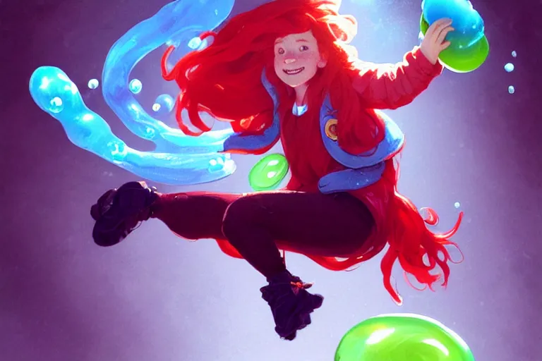 Image similar to madeline from celeste jumping into a green jelly bubble wearing a blue bubble jacket has a red long hair, highly detailed, digital painting, artstation, concept art, sharp focus, illustration, art by greg rutkowski and alphonse mucha