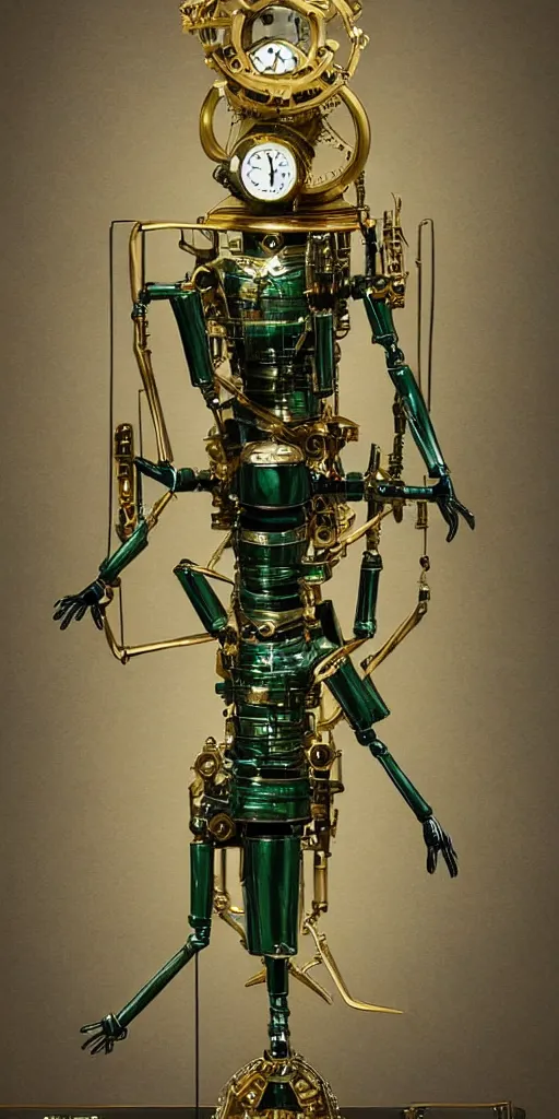 Prompt: full body shot of a mechanical clockwork marionette made of brass and gold with a dark green cloths, glowing emerald eyes, puppet, ornate, engraved highly detailed, fantasy, render, digital painting, trending on artstation, concept art, sharp focus, illustration, global illumination, ray tracing, realistic shaded, art by artgerm and greg rutkowski