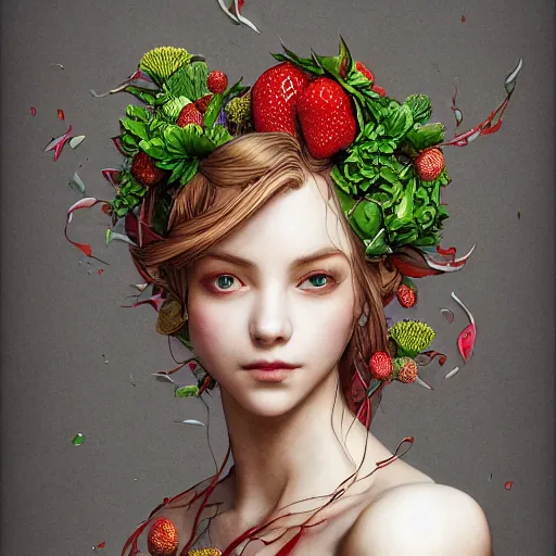 Image similar to the portrait of an absurdly beautiful, graceful, elegant, perky woman made of strawberries and green petals, an ultrafine hyperdetailed illustration by kim jung gi, irakli nadar, intricate linework, bright colors, octopath traveler, final fantasy, angular, unreal engine 5 highly rendered, global illumination, radiant light, detailed and intricate environment