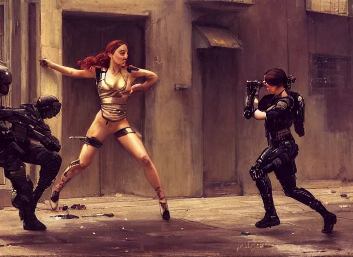 Image similar to sophia evades sgt griggs. Cyberpunk hitwoman escaping Cyberpunk police troopers in combat gear. (police state, Cyberpunk 2077, blade runner 2049, rainy city). Iranian orientalist portrait by john william waterhouse and Edwin Longsden Long and Theodore Ralli and Nasreddine Dinet, oil on canvas. Cinematic, Dramatic lighting.