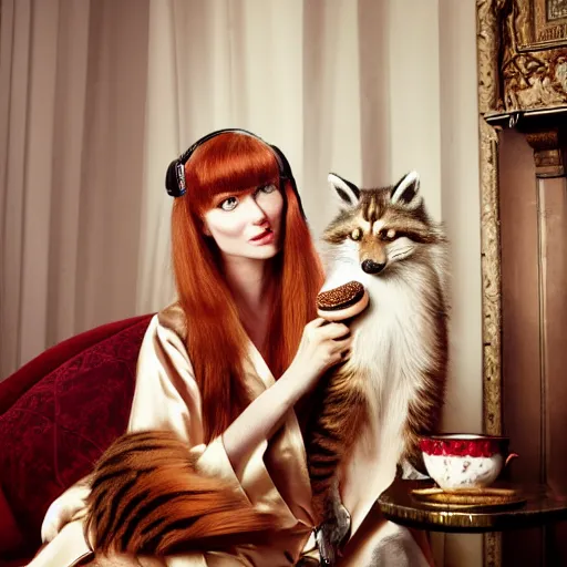 Image similar to a stunning hyper-detailed photo of a slender beautiful woman with straight long ginger hair and bangs, wearing a luxurious silk robe, wearing headphones and posing with her large ginger tabby cat and raccoon and parrots in a red overstuffed easy chair in her Victorian living room, holding a porcelain parrot-shaped coffee mug and a donut, perfect eyes, fashion photography, dramatic cinematic lighting, octane render, IBEX Masters, unreal engine, 85 mm lens, paisley wallpaper