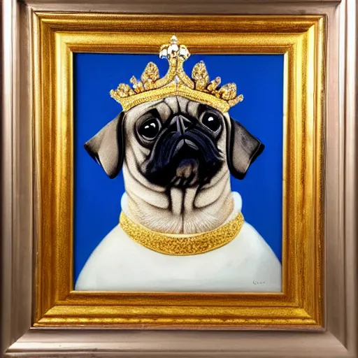 Image similar to regal pug in kings clothing and crown, oil painting, framed