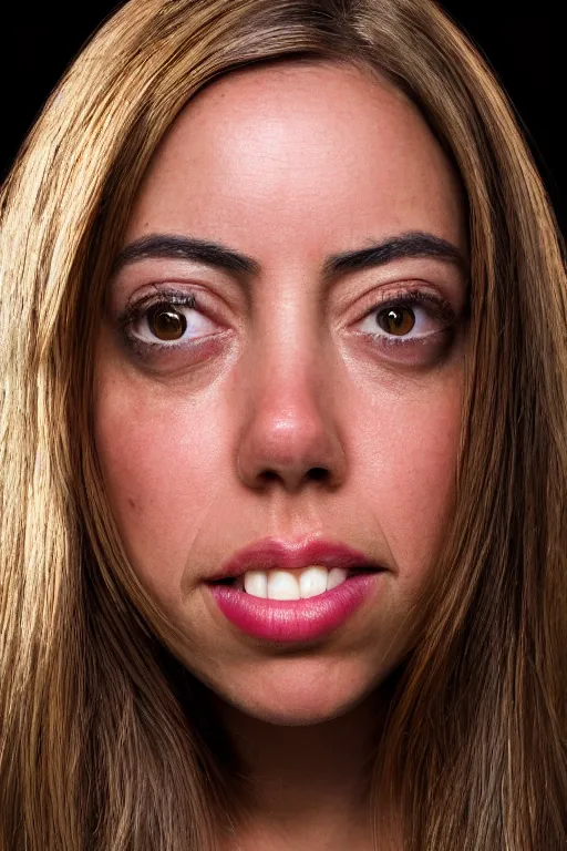 Image similar to headshot photo of Tomato / Aubrey Plaza hybrid, portrait, 3/4 view, Refined, Detailed professional photo, 50mm lens, Canon eos, blurry distant background, Highly Detailed, Cinematic Lighting, 8k