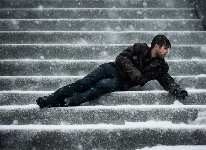 Prompt: bladerunner 2049 man lying on concrete stairs, snowing snowy stairs. sad melancholic scene. 65mm camera uncropped man centered.