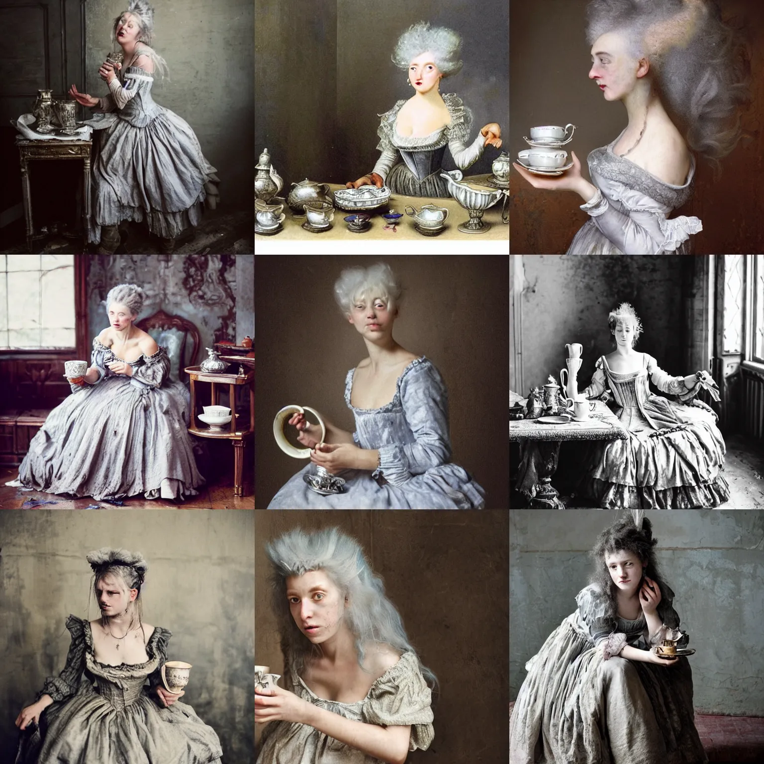 Prompt: A messy, silver haired, (((mad))) princess from the 18th century, dressed in a ((ragged)), dirty, 18th century silver wedding dress, is ((drinking a cup of tea)), in her right side is a porcelain tea set. Everything is in underwater (precious, scarry castle). mystical, atmospheric, greenish blue tones, water, seaweed and bubles, dreamlike, atmospheric, (((underwater lights))), concept art by John Everett Millais, John Everett Millais,Annie Stegg Gerard, Ian David Soar, John Anster Fitzgerald