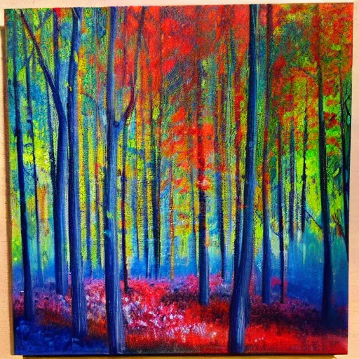 Prompt: a forest with green, blue, red tree trunks. acrylic of canvas, impressionist painting