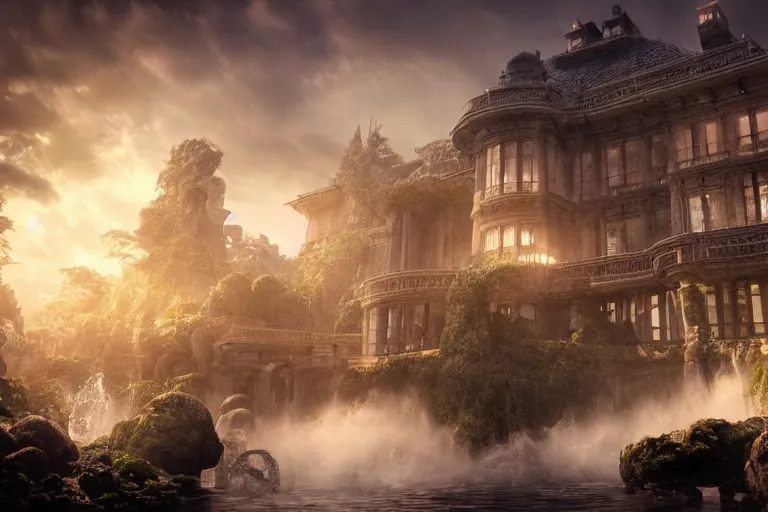 Image similar to the most amazing dream you ever had about mansion of elemental of water, hyper realistic, ambient lighting, concept art, intricate, hyper detailed, smooth, dynamic volumetric lighting, octane, cinematic