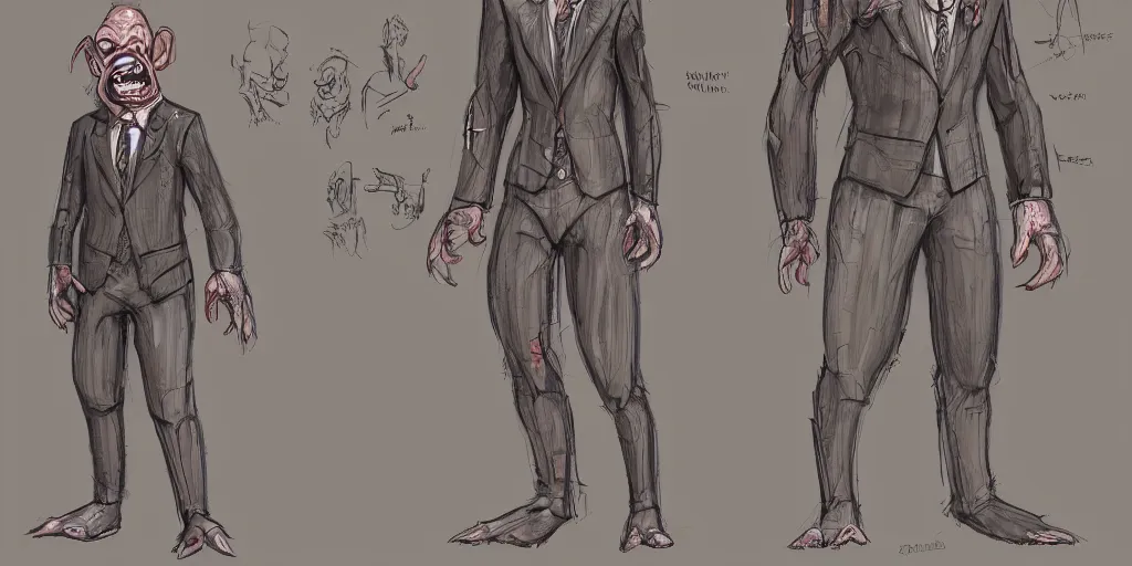 Image similar to Full body goblin, ripped suit, grinning, smile, concept sheet